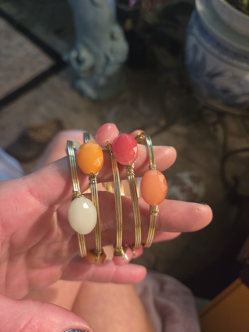 Made In India Gold Wire Bangle Bracelets with Pink, Orange and Cream Beads